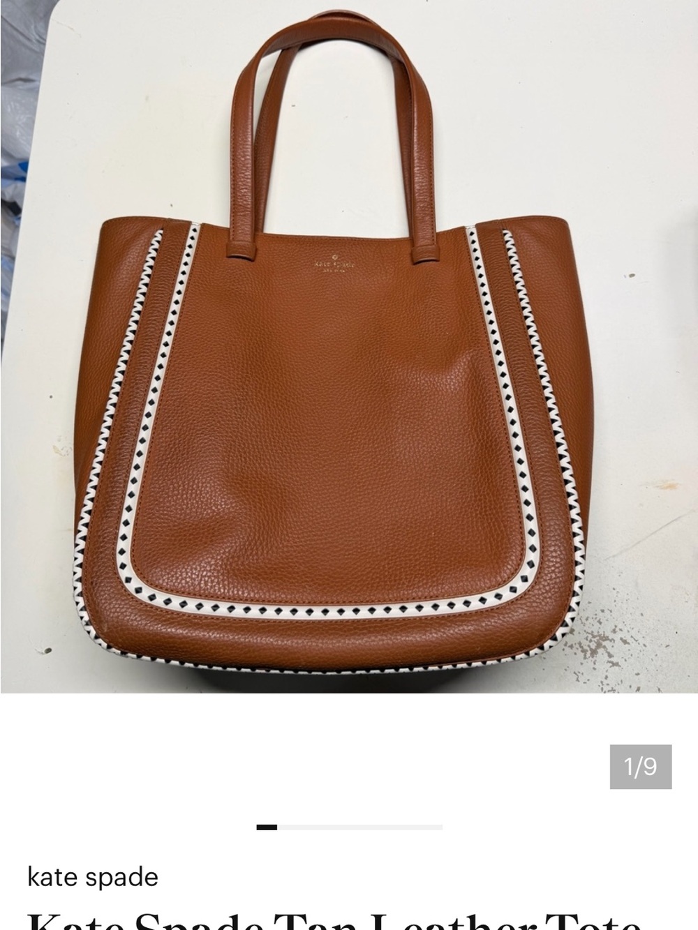 Large Kate Spade Tan Leather Tote with White Trim